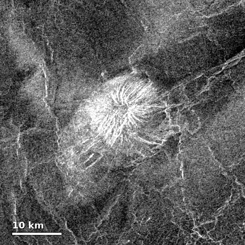 Magellan 雷达图像：金星火山亮锥与放射状熔岩流 | Anthropic 官方