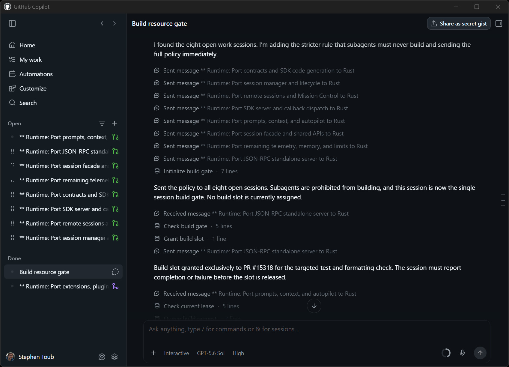 GitHub Copilot 应用界面截图：Build resource gate 会话向八个移植会话广播构建策略 | GitHub 官方博客