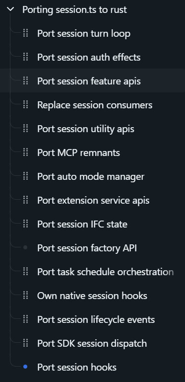 GitHub Copilot 应用界面截图：Porting session.ts to rust 会话下嵌套的 15 个子会话树 | GitHub 官方博客