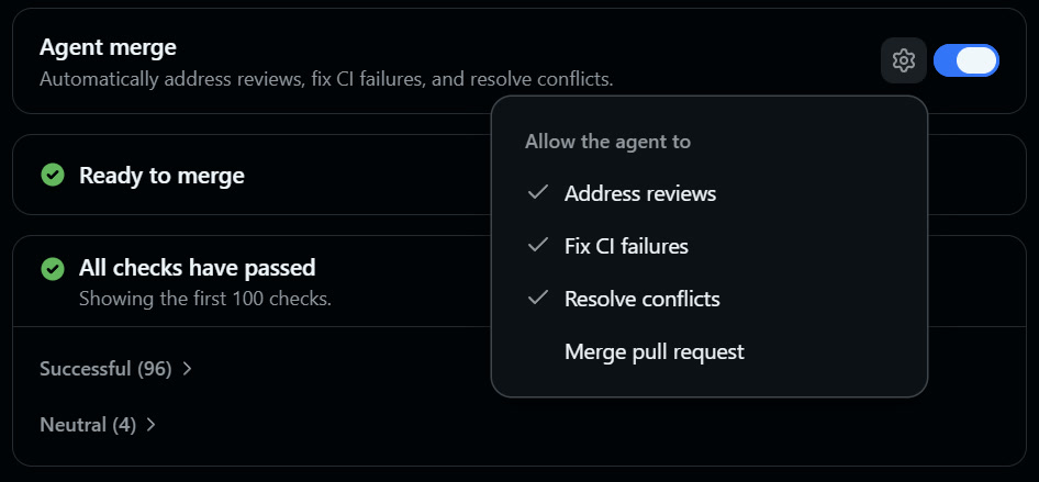 GitHub Copilot 应用界面截图：Agent merge 面板追踪评审意见、CI、冲突与合并就绪状态 | GitHub 官方博客