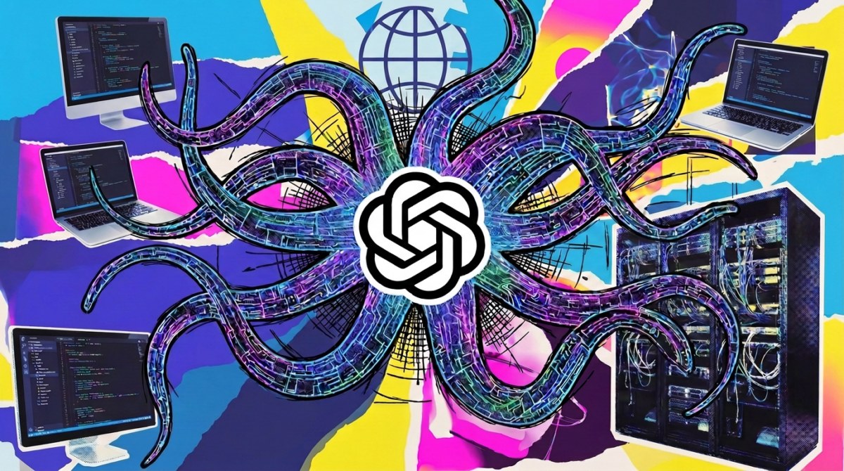 The Decoder 配图：OpenAI 标志被章鱼触手与代码屏幕包围 | THE DECODER